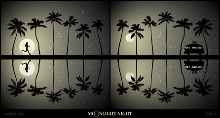 Set of vector illustration with palm beach silhouette on moonlit night. Running girl between trees. Retro car on road. Summer beach sport. Full moon in starry sky