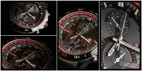  Set of Luxury  sport chronograph black Analog Men's Watch silver red steel for men luxury on black background - detail view