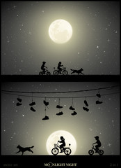 Naklejka premium Set of vector illustration with silhouettes of boy and girl on bikes on moonlit night. Children on bicycles and running dog. Shoes on wires. Full moon in starry sky
