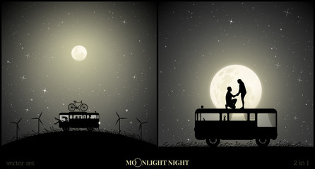 Set of vector illustration with silhouette of loving couple traveling in camper on moonlit night. Retro car between windmills. Romantic marriage proposal. Family road trip. Full moon in starry sky