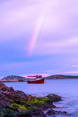 Rainbow Over A Tugboat From A Rocky Shore, St. Thomas, Virgin Islands, Caribbean Sea, Oceanscape, Vacation Destination, Landscape Photography, Outdoor Scenery, Colorful Sky, Nautical Travel