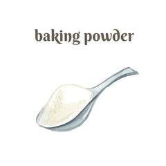 Baking powder on a metal spoon. Watercolor hand drawn illustration isolated on white background.