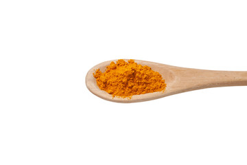 Orange turmeric powder in a wooden spoon on a white background. Natural, useful healing spice from the East. Turmeric