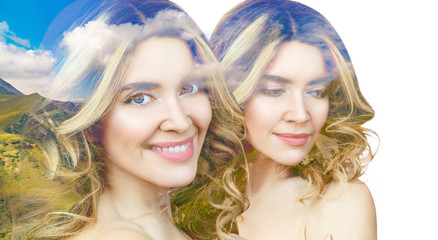 Fototapeta premium Double exposure of beautiful woman and bright summer nature.