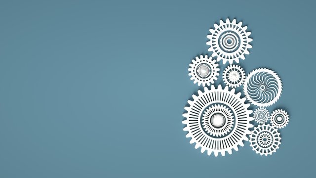 3d illustration of white gears composition with copy space. Cogwheels for websites or business design banners. Construction or minimal concept 3d render.