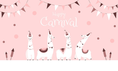 Happy Carnival - Süße abstrakte Lamas feiern Karneval, rosa Hintergrund, Banner