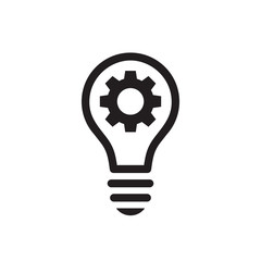 Lightbulb with gear cog concept black icon design. SEO business sign. solution symbol. Cogwheel electric lamp. Vector illustration.  