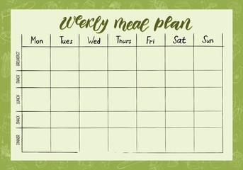 Cute A4 template for weekly and daily food planner with lettering and doodle drawings of food.