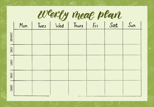 Cute A4 template for weekly and daily food planner with lettering and doodle drawings of food.