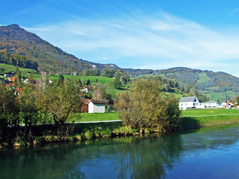 The river Rheintaler Binnenkanal in a village of R&uuml;thi SG (Ruthi SG or Ruethi SG) and in the Rhine river valley (Rheintal) - Canton of St. Gallen (SG), Switzerland