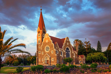 Sunset above Christchurch, a historic lutheran church in Windhoek, Namibia