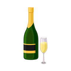 Champagne Bottle with Full Wineglass Standing Next to It Vector Illustration