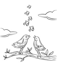 hand drawn couple birds singing on branch vector