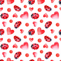 Ladybug seamless pattern with red, pink hearts, confettis. Isolated elements on a white background.  Stock illustration hand painted in watercolor.