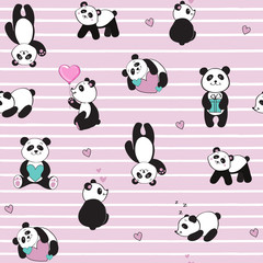 Seamless pattern for children with cute pandas on a pink background