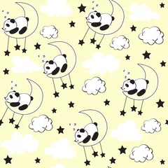 Papier peint Animaux endormis Panda mignon dormant dans la lune sur un modèle sans couture de fond jaune
