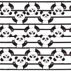 Funny pandas seamless pattern on a striped background