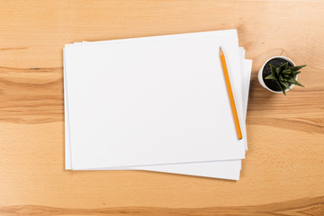 A4 white paper with pen on wooden background. Blank branding template. Photo blank form. Layout for portfolio design.