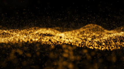 Abstract digital transformation golden color wave particles on black background abstract background. Cyber futuristics technology backdrop concept. Luxury pattern. 3D illustration rendering