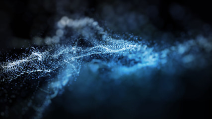 Abstract blue color digital particles wave form network with dust and light motion background....