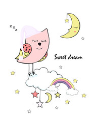 Sleeping owl in a nightcap on a cloud with moon stars in a children's cartoon style colorful hand drawing in white