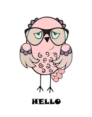 Hand drawn illustration of an owl with glasses in a children's cartoon style colorful hand drawing