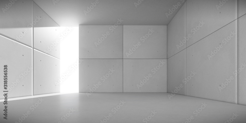 Poster Abstract of architecture space with rhythm of concrete block with sun light cast shadow on the wall. 3D render.