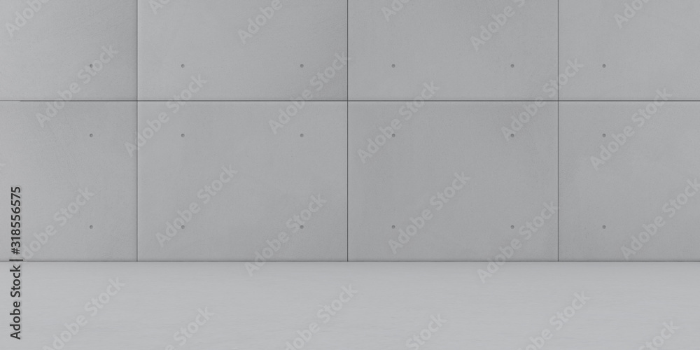 Poster Abstract of architecture space with rhythm of concrete block with sun light cast shadow on the wall. 3D render.