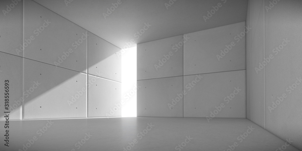 Poster Abstract of architecture space with rhythm of concrete block with sun light cast shadow on the wall. 3D render.