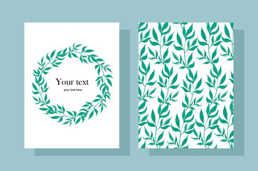 Vector set of postcards with stylized green leaves and space for your text.