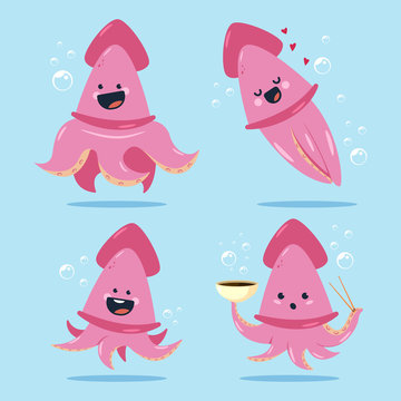 Cute squid vector cartoon characters set isolated on background.
