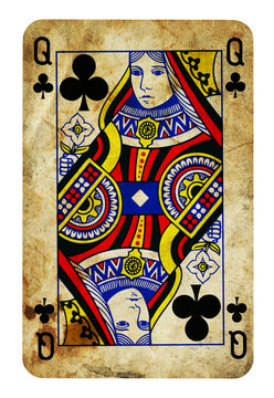 Queen of Clubs Vintage playing card - isolated on white (clipping path included)