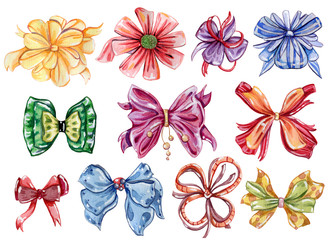 Fototapeta premium Watercolor bows set in different colors and styles. Isolated on white background. Hand drawn illustration