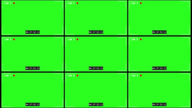 Nine CCTV monitor display with scantiness on green screen