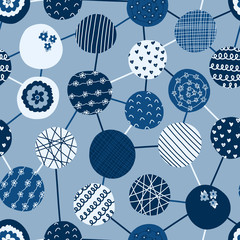 Geometric seamless vector background blue textured circles. Abstract modern connected dots pattern in blue hues. Trendy hand drawn backdrop for textile, fabric print, decor, packaging, kids market