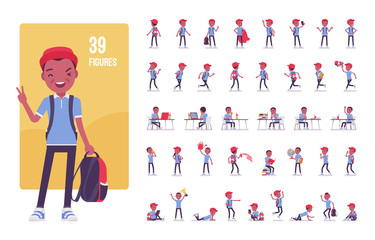 Black school boy in casual wear character set. Cute small guy with rucksack, active young kid, smart elementary pupil in study and entertainment. Full length, different view, gestures, emotions, poses