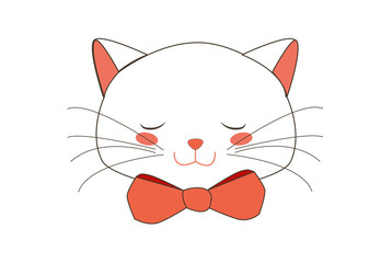 Cute White Kitten Sleepy Face with Pink Ribbon