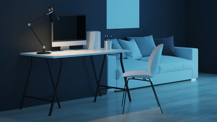 Workplace. Office furniture. Night. Evening lighting. 3D rendering.