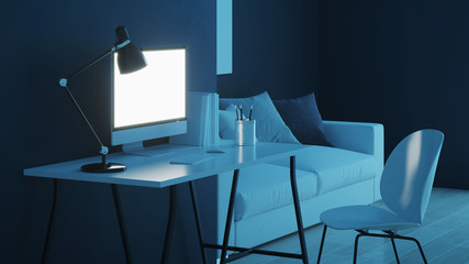 Workplace. Office furniture. Night. Evening lighting. 3D rendering.