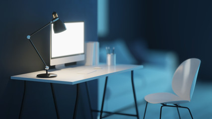 Workplace. Office furniture. Night. Evening lighting. 3D rendering.