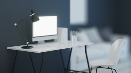 Workplace. Office furniture. Night. Evening lighting. 3D rendering.