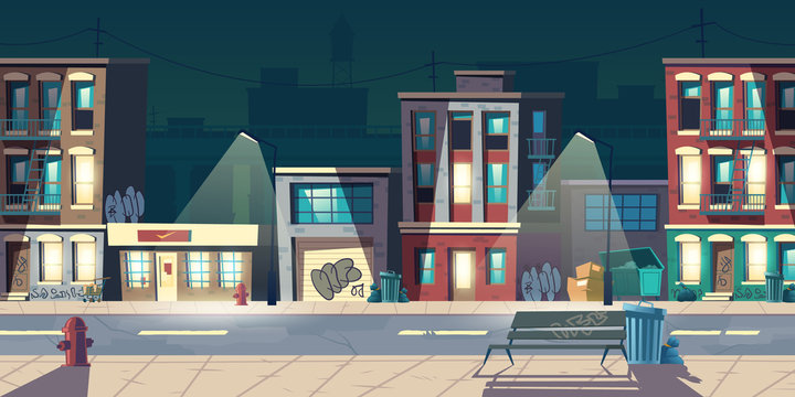 Ghetto street at night, slum houses, old buildings with glow windows and graffiti on walls. Dilapidated dwellings stand on roadside with lamps, fire hydrants, litter bins cartoon vector illustration
