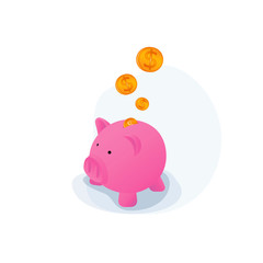 Pig piggy bank with coins vector illustration in flat style. The concept of saving or save money or open a bank deposit. The idea of an icon of investments in the form of a toy pig piggy bank.