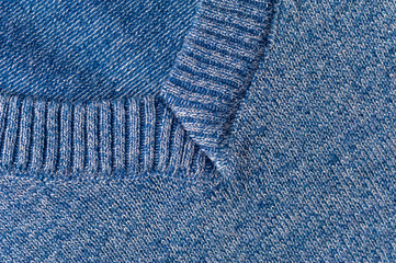 Close-up blue knitted fabric from sweaters