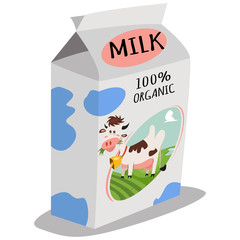 Milk packaging with a cow vector cartoon illustration isolated on a white background.