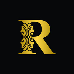 Gold letter R. Vintage golden flower ornament initial letters.  Alphabet. Logo vector 