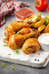 Fried chicken legs with baked potatoes, crispy skin, golden crust. Tomato and white sauces, spices. Delicious homemade food