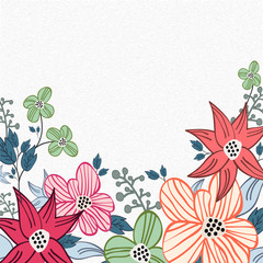 Doodle Style Colorful Flowers with Leaves Decorated on White Concrete Texture Background.