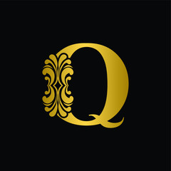 Gold letter Q. Vintage golden flower ornament initial letters.  Alphabet. Logo vector 