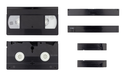 Collage of 6 photos of video cassettes (VHS) from different sides. Isolated on white background.